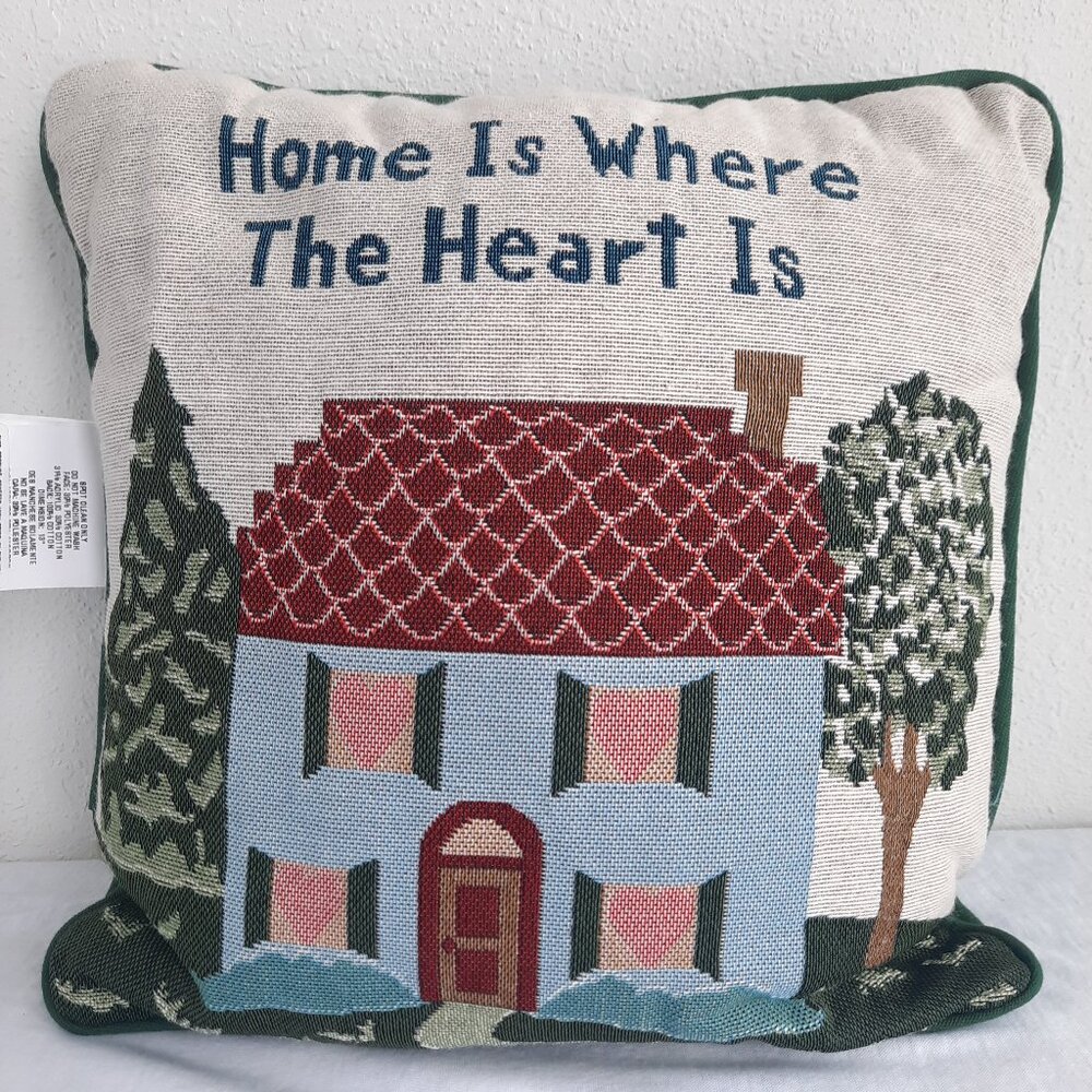 Vintage "Home is Where the Heart Is" Tapestry Pillow 10" Green USA MADE Square